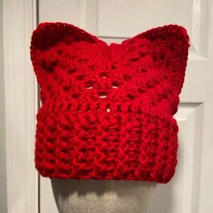 Handmade Crochet Cat Animal Ear Beanie Hat Cozy Ribbed Brim Stretch Winter Hat